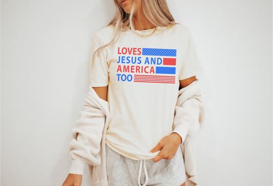 Loves Jesus and America Too Adult Tee